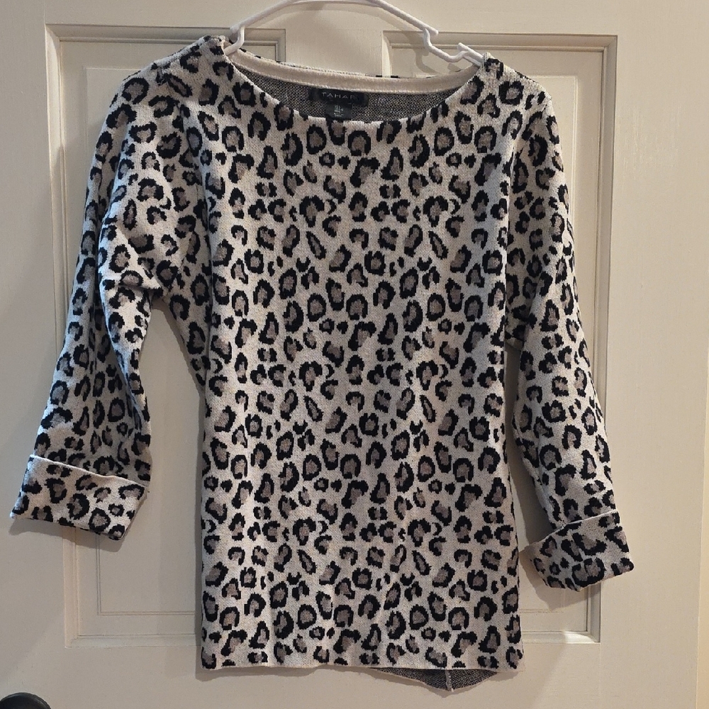 Tahari Leopard Print Crew Neck Sweater